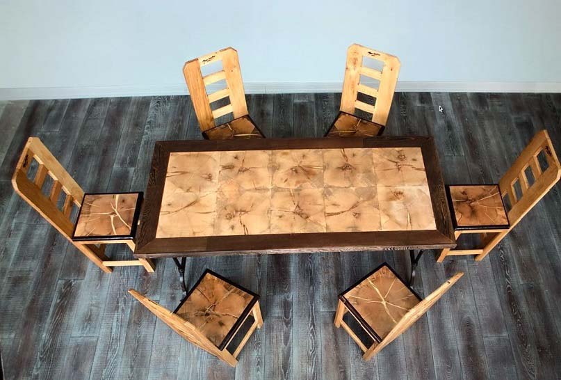 tavolo e sedie in legno artigianale di quercia toscana con base in ferro